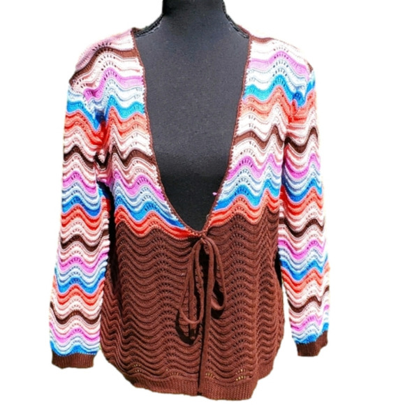 MISS LOOK Brown Sweater with Deep V Neck - Colorful Large NWOT - Picture 1 of 4